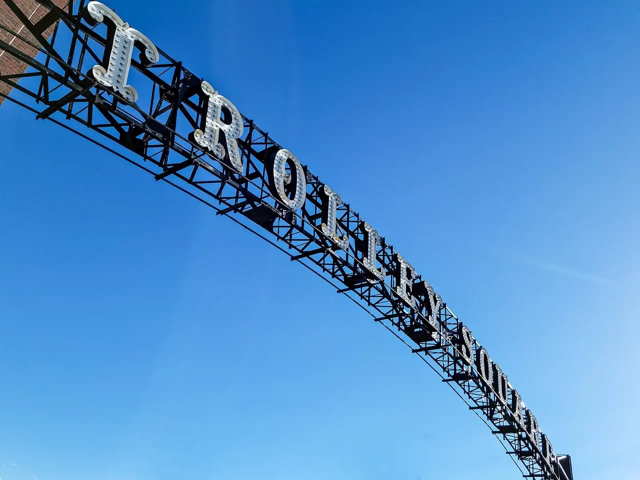 The Trolley Square sign against a blue sky in Salt Lake City, Utah